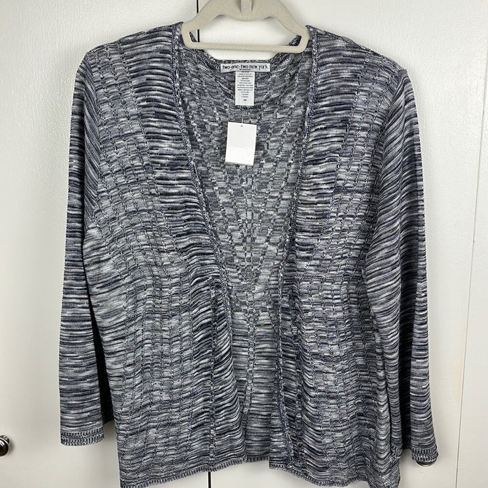 Woman’s Cardigan Lightweight Sweater Size 1X Blue White Two One Two NY Woman